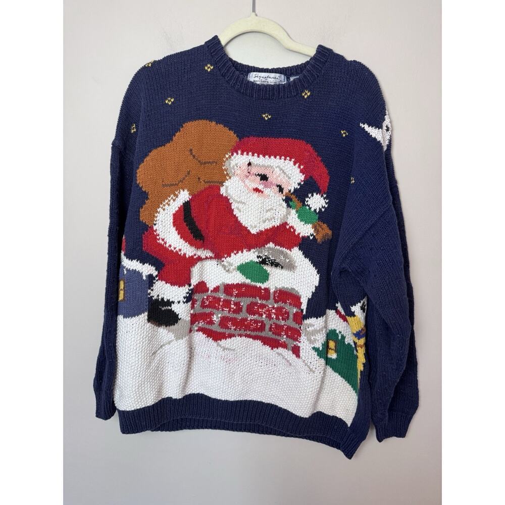 Northern Isles Hand Knit Navy Blue Santa Crewneck Sweater Sz 2X